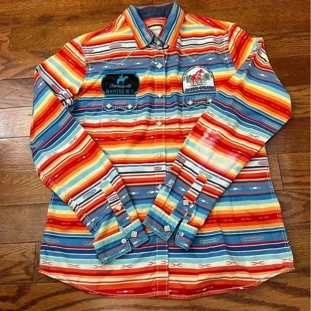 Panhandle Rough Stock Texas Striped Country Cowgirl Button Up Long Sleeve Sz L - Picture 5 of 14